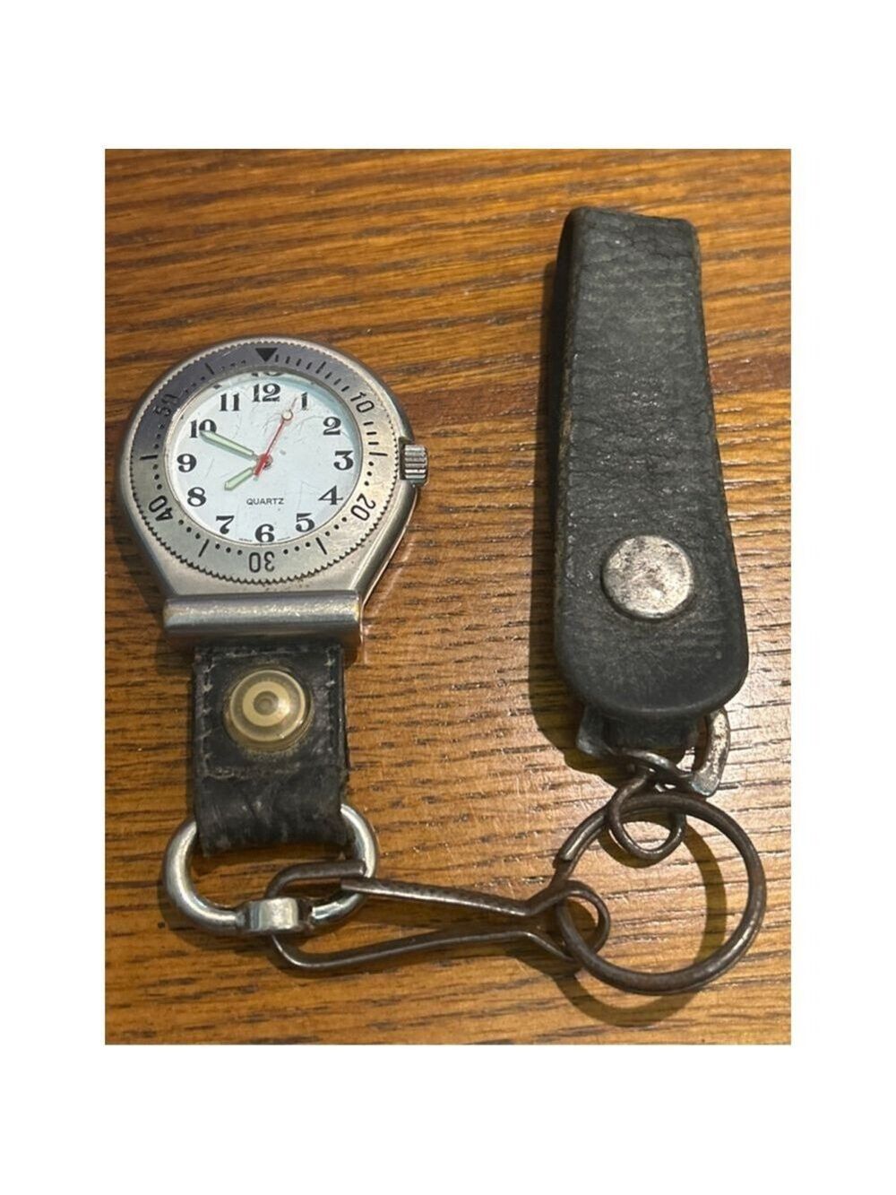 Vintage Black Leather Clip-On Fob Watch with Key Ring RARE
